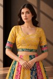 Mustard Yellow Brocade Blouse with Multicolor Sleeves – view 2