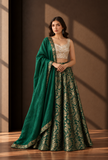 Set of 3 Emerald Green & Antique Gold Brocade Lehenga Choli with Dupatta