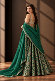 Set of 3 Emerald Green & Antique Gold Brocade Lehenga Choli with Dupatta – view 2