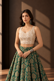 Set of 3 Emerald Green & Antique Gold Brocade Lehenga Choli with Dupatta – view 5