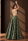 Set of 3 Emerald Green & Antique Gold Brocade Lehenga Choli with Dupatta – view 6