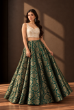Set of 2 Emerald Green & Antique Gold Brocade Lehenga Choli Set