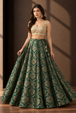 Emerald Green & Antique Gold Floral Brocade Flared Lehenga Skirt