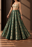 Emerald Green & Antique Gold Floral Brocade Flared Lehenga Skirt – view 3