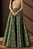 Emerald Green & Antique Gold Floral Brocade Flared Lehenga Skirt – view 2