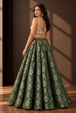 Emerald Green & Antique Gold Floral Brocade Flared Lehenga Skirt – view 4