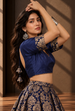 Set of 3 Royal Blue & Antique Gold Brocade Lehenga Choli with Dupatta – view 6
