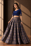 Set of 2 Royal Blue & Antique Gold Brocade Lehenga Choli Set – view 2