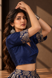 Royal Blue Brocade Blouse with Antique Gold Sleeve Detailing