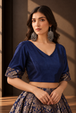 Royal Blue Brocade Blouse with Antique Gold Sleeve Detailing – view 2