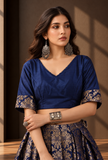 Royal Blue Brocade Blouse with Antique Gold Sleeve Detailing – view 3