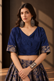 Royal Blue Brocade Blouse with Antique Gold Sleeve Detailing – view 4