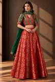 Set of 3 Red & Emerald Green Brocade Lehenga Choli with Dupatta