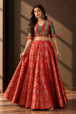 Set of 3 Red & Emerald Green Brocade Lehenga Choli with Dupatta – view 2