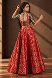 Set of 3 Red & Emerald Green Brocade Lehenga Choli with Dupatta – view 3