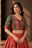 Set of 3 Red & Emerald Green Brocade Lehenga Choli with Dupatta – view 4