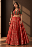 Set of 2 Crimson Red & Emerald Green Brocade Lehenga Choli Set