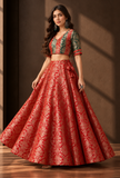Set of 2 Crimson Red & Emerald Green Brocade Lehenga Choli Set – view 2