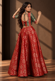 Set of 2 Crimson Red & Emerald Green Brocade Lehenga Choli Set – view 3