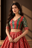 Set of 2 Crimson Red & Emerald Green Brocade Lehenga Choli Set – view 4