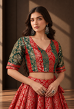 Set of 2 Crimson Red & Emerald Green Brocade Lehenga Choli Set – view 5