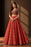 Crimson Gold Floral Brocade Flared Skirt