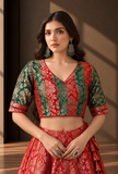 Crimson Gold Brocade Elbow-Sleeve Blouse
