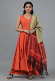 Moss Green & Red-Orange Ikat Dupatta