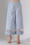 Powder blue solid palazzo pants with organza lacework detailing casual on a female model