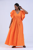 Women Orange Cotton V-Neck Ruffle Sleeve Dresses