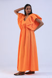 Women Orange Cotton V-Neck Ruffle Sleeve Dresses