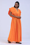 Women Orange Cotton V-Neck Ruffle Sleeve Dresses