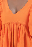 Women Orange Cotton V-Neck Ruffle Sleeve Dresses