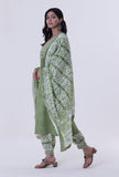 Set Of 3: Green & White Color Cotton Block Printed Kurta, Pant & Dupatta