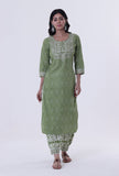 Set Of 2: Green & White Color Cotton Block Printed Kurta & Pant