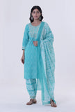 Set Of 3: Turquoise & White Cotton Block Printed Kurta, Pant & Dupatta