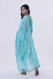 Set Of 3: Turquoise & White Cotton Block Printed Kurta, Pant & Dupatta