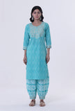 Set Of 3: Turquoise & White Cotton Block Printed Kurta, Pant & Dupatta