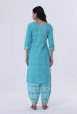 Set Of 3: Turquoise & White Cotton Block Printed Kurta, Pant & Dupatta