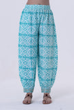 Set Of 3: Turquoise & White Cotton Block Printed Kurta, Pant & Dupatta