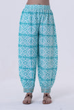 Set Of 3: Turquoise & White Cotton Block Printed Kurta, Pant & Dupatta