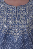 Set Of 3: Blue & White Block Printed Cotton Kurta, Pant & Dupatta