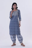 Set Of 2: Blue & White Block Printed Cotton Kurta & Pant