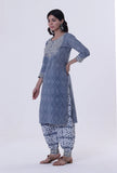 Set Of 2: Blue & White Block Printed Cotton Kurta & Pant