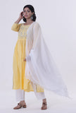 Set Of 3: Yellow & White Cotton Block Printed Kurta, Pant & Dupatta