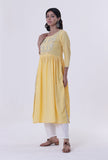 Set Of 2: Yellow & White Cotton Block Printed Kurta & Pant