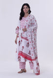 White Cotton Block Printed With Red Motif Dupatta