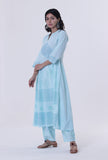 Greenish-Blue Cotton Block Printed Anarkali Kurta