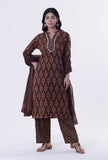 Set Of 3: Brown & Multicolor Cotton Block Printed Kurta, Pant & Dupatta