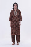 Set Of 3: Brown & Multicolor Cotton Block Printed Kurta, Pant & Dupatta